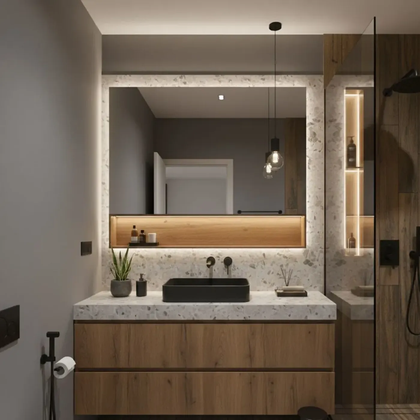 Newly remodeled luxury bathroom with frameless shower, soaking tub, and custom vanity lighting